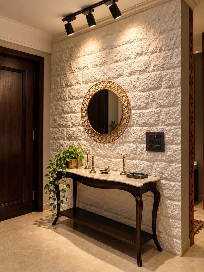 Entrance with raw stone wall and round mirror