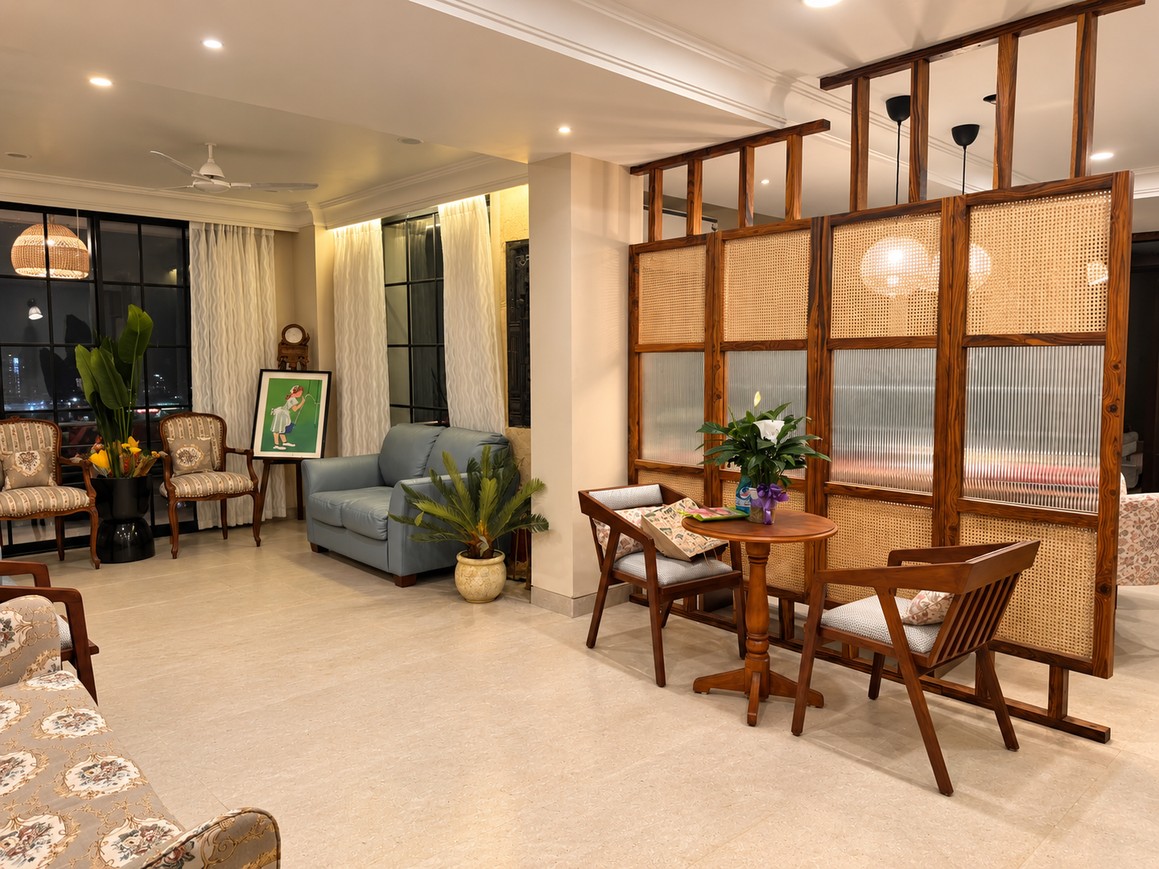 Residential interior with timber partition and lounge seating