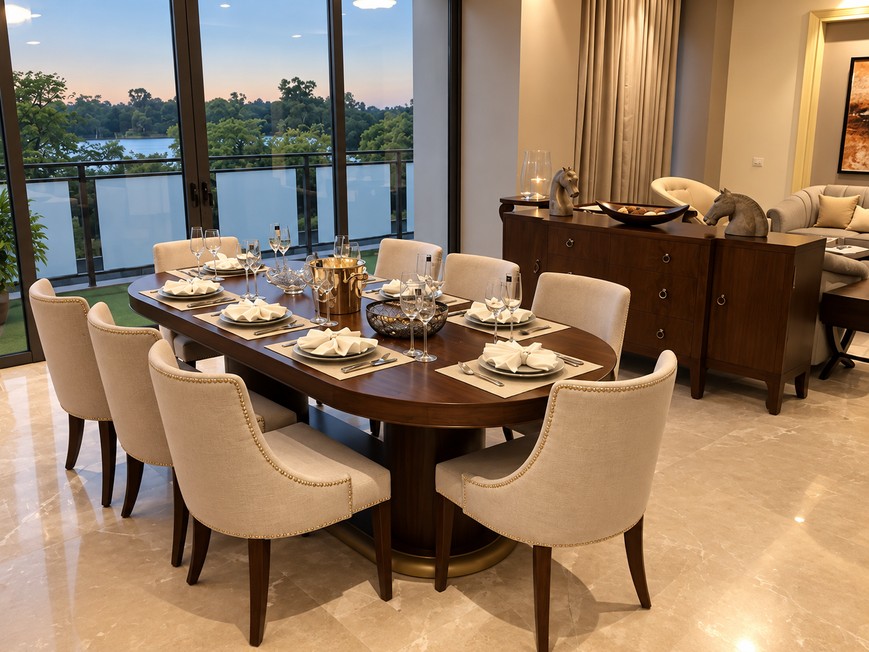 Residential dining room with marble table and upholstered chairs