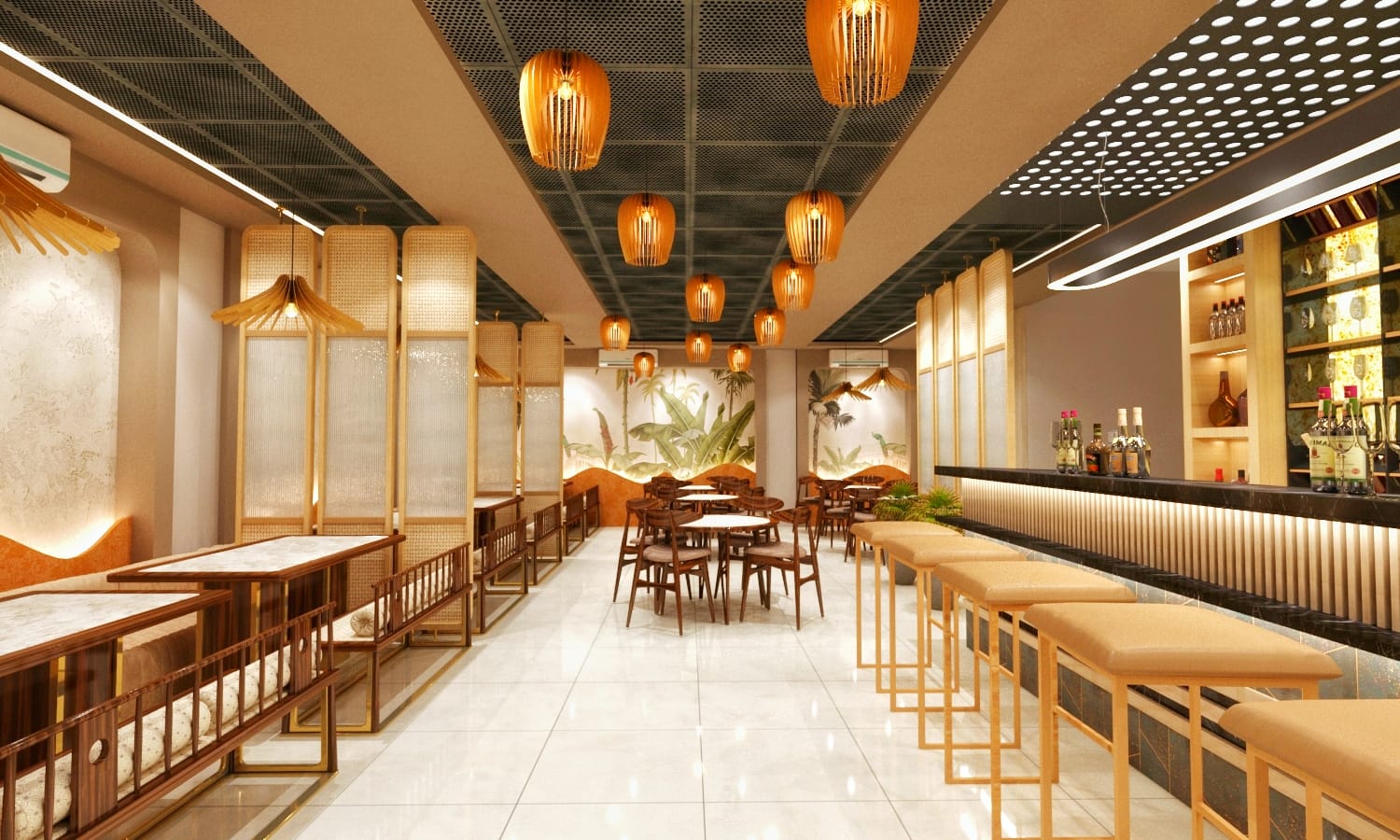 Restaurant concept render with timber screens, pendant lights and a marble bar