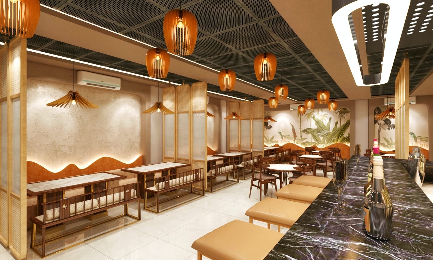 Restaurant concept render showing dining booths, pendant lights and a marble bar